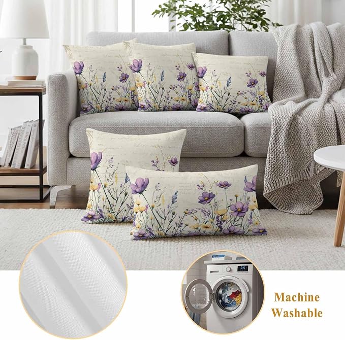 Spring Floral Outdoor Waterproof Throw Pillow Covers Set of 2, 16"x16", Purple Yellow Flower Leaves Retro Letter Texture Decorative Pillow Covers Outside Cushion Case for Patio Porch Garden