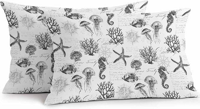Gray Coastal Waterproof Outdoor Pillow Covers Set of 2 Home Decor, Retro Nautical Starfish Coral Jellyfish Pillowcase Patio Pillow Covers for Couch Bench Furniture Garden 20x12in