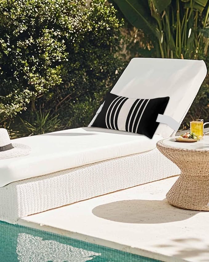 Pack of 2 Outdoor Lumbar Pillow Covers 11x16 Inch, Black Beige Striped Waterproof Throw Pillow Covers Set, Modern Farmhouse Retro Lines Indoor&Outdoor Decorative Cushion Cases for Patio Porch Beach