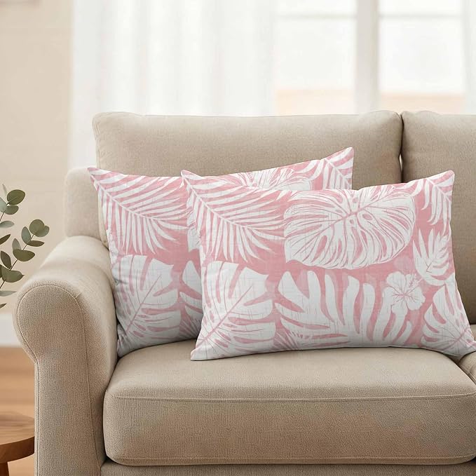 Pink Palm Leaves Outdoor Pillow Covers 20"x12" Set of 2, Tropical Botanical Modern Minimalist Waterproof Throw Pillow Covers for Patio Furniture, Decorative Cushion Covers for Porch