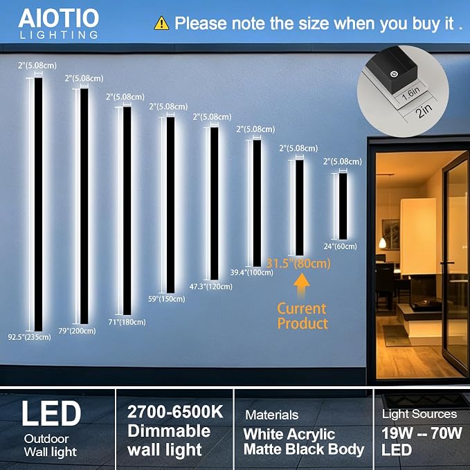 AioTio Outdoor Wall Lights Exterior,2pack 31.5inch Black Outdoor Light Fixtures Wall Mount,Waterproof Modern Porch Lights Wall Sconce,Dimmable Long LED Linear Outside Lighting for Garage