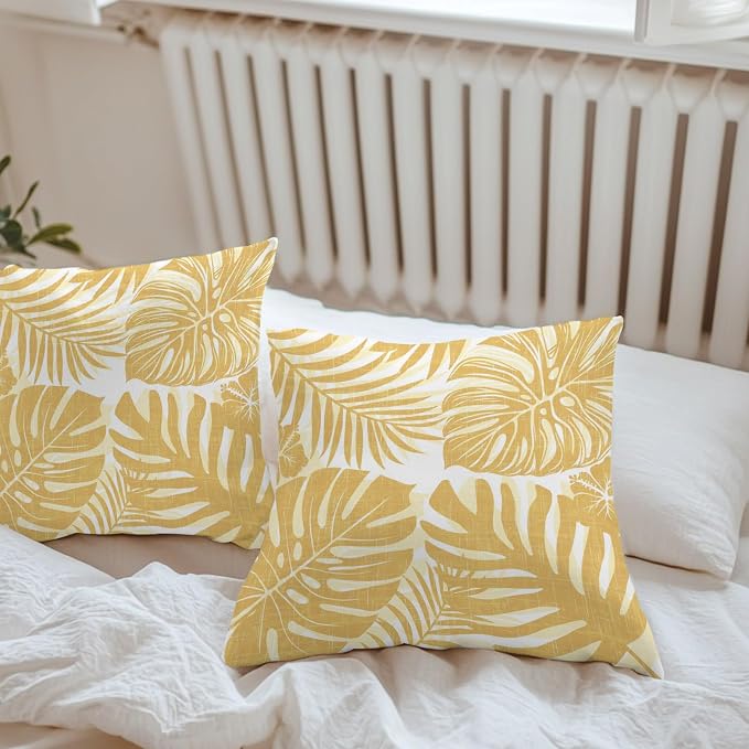 Yellow Palm Leaves Outdoor Pillow Covers 24"x24" Set of 2, Tropical Botanical Minimalist Modern Waterproof Throw Pillow Covers for Patio Furniture, Decorative Cushion Covers for Porch