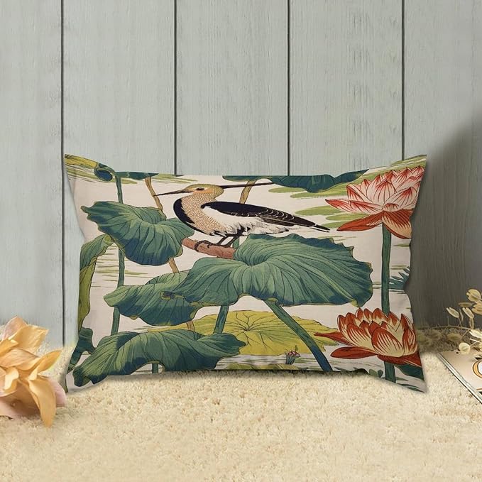 Set of 2 Chinese Pond Bird Decorative Throw Pillow Covers 12x18in Farmhouse Rectangle Accent Pillow Cases Cushion Cover Cases for Sofa Chair Bedroom Home Decor