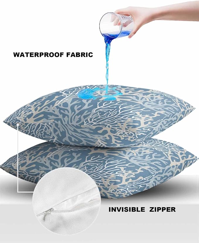 Pack of 2 Outdoor Pillow Covers 18x18 Waterproof Blue Coral Coastal Throw Pillow Covers, Decorative Pillowcases Nautical Ocean Marine Organism Cushion Covers for Patio Garden Couch Pillow Case