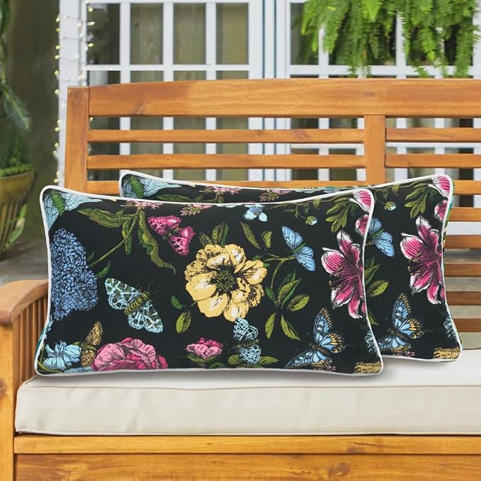 Lumbar Pillow Covers Set of 2, Outdoor Indoor Waterproof Patio Lumbar Pillowcase Shell 12x20 Inch, Rectangular Cushion Case for Couch Sofa Garden Farmhouse-Black Butterfly Flower