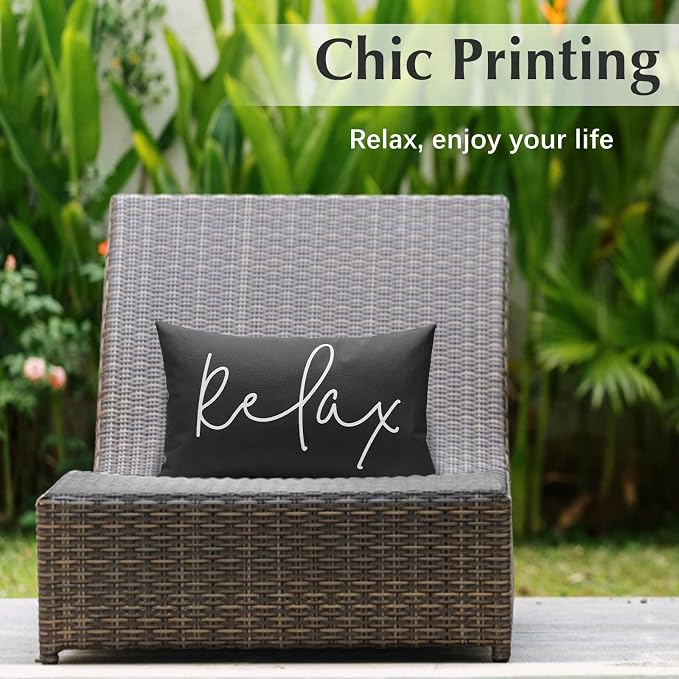 Lewondr Waterproof Outdoor Throw Pillow Cover, 2 Pack, 12"x20", Black | Relax Printing, Summer Garden Decor, For Patio Sofa, Balcony Couch, Bench Porch