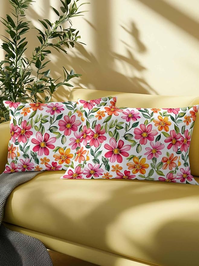 Outdoor Waterproof Throw Pillows Spring Watercolor Wild Flower Patio Pillows Pack of 2,Decorative Pillow Covers with Insert,Pillow Cushion Case for Garden Couch Sofa Country Small Pink Flower