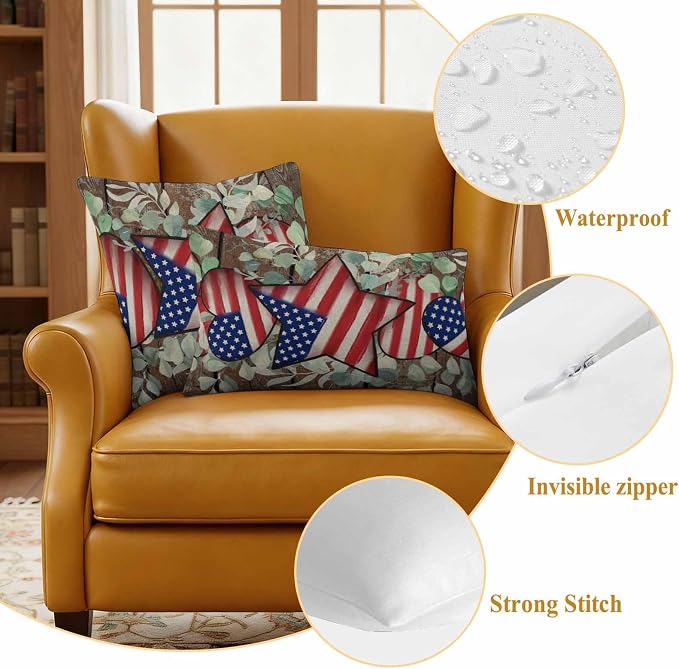4th of July Waterproof Outdoor Pillow Covers Set of 2 Home Decor, Vintage Eucalyptus Leaf Stars Stripes Flag Pillowcase Patio Pillow Covers for Couch Bench Furniture Garden 20x12in