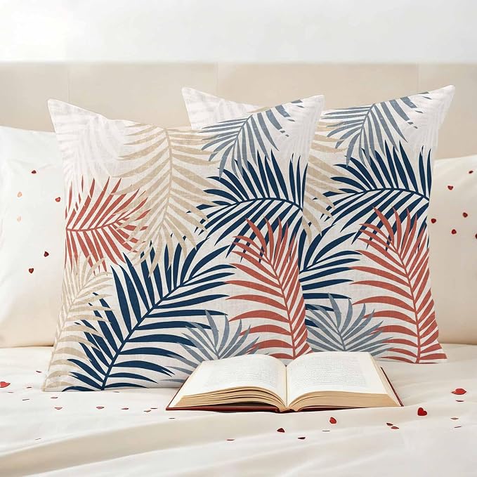 Outdoor Waterproof Throw Pillow Covers, Red Blue Yellow Palm Leaves Decorative Pillow Cases, Summer Botanical Tropical Leaf Couch Pillow Protector Patio Sofa Cushion Covers Replacement 26"x26" 2 Pack