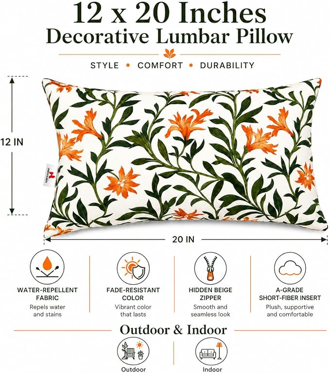 Outdoor Lumbar Pillows 12"x20" Waterproof Patio Pillows with Inserts | Set of 2 Fade Resistant Outdoor Waterproof Lumbar Pillow Decorative Garden Lumbar Cushions for Home Patio Terrace Sofa