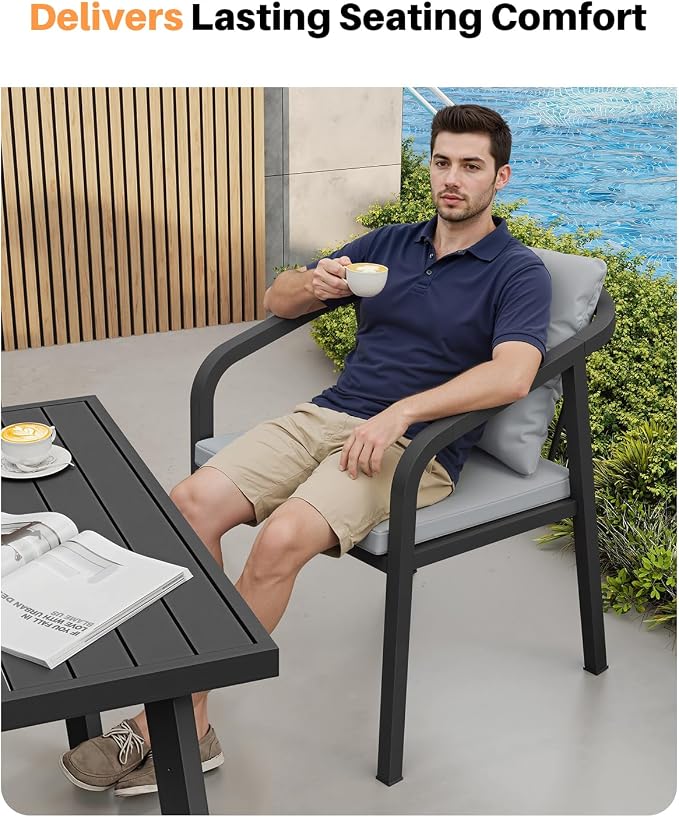 Outdoor Dining Chairs Set of 4, Never-Rust Aluminum Patio Dining Chairs with Removable Cushion, Ergonomic patio chairs with Wraparound Seating Design for Porch, Deck, Commercial, Garden, Black