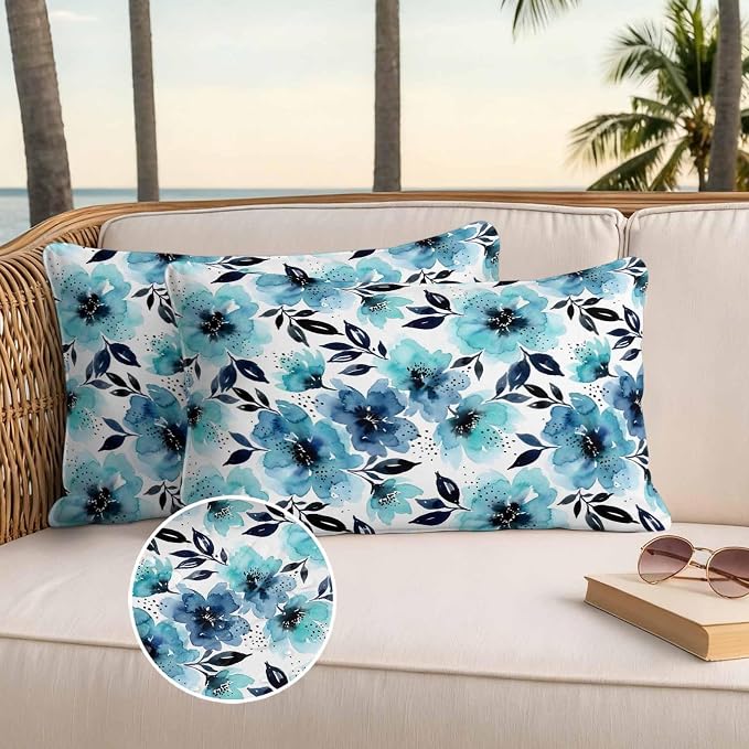 Botanical Floral Leaves Outdoor Waterproof Pillow Covers Pack of 2, Watercolor Painting Blue Gradient Blooms Throw Pillowcases Decorative Cushion Covers for Garden Patio Tent Sofa Couch, 20x12 inch