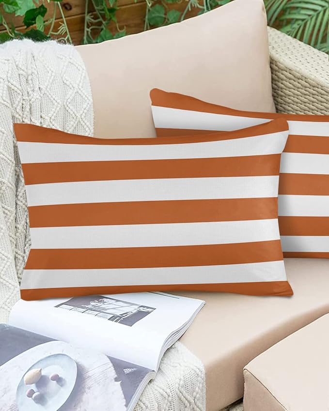 Outdoor Pillows 20x12 Waterproof Outdoor Pillow Covers Orange White Stripes Polyester Throw Pillow Covers Garden Cushion Decorative Case for Patio Couch Decoration Set of 2 Geometric