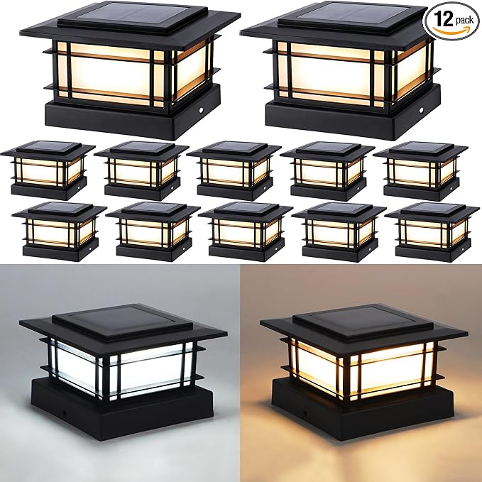Dynaming 4x4 Solar Post Cap Lights Outdoor with 2 Color Modes, 12 Pack Fence Post Solar Lights Black Shell Fit for Vinyl/Wooden Posts, High Brightness SMD LED Lighting Decor for Garden Deck Patio