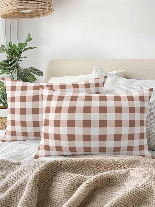 Waterproof Outdoor Pillow 1 Pack Brown Buffalo Plaid Decorative Throw Pillows Cover & Insert 20x12 Inch Lumbar Pillowcase Check Lines Pillows for Couch Sofa Bed Patio Furniture Indoor Outdoor