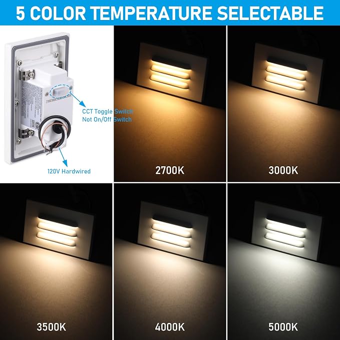 LEONLITE 3-Pack 5CCT 120V LED Step Lights, Louvered, White | Horizontal, 10%-100% Dimmable, CRI90, ETL, Indoor Outdoor Stair Lights, Wet Location, 2700K/3000K/3500K/4000K/5000K, Aluminum