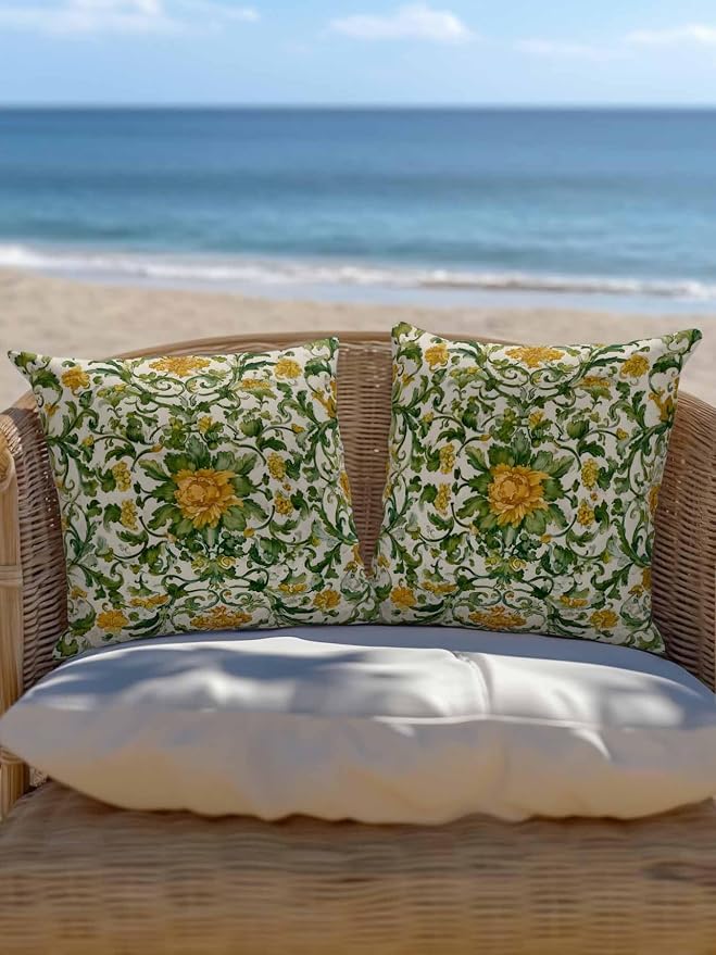 Outdoor Pillows with Inserts Set of 2 16x16, Yellow Green Boho Waterproof Outdoor/Indoor Throw Pillows, Classic Floral Farmhouse Botanical Decorative Pillow for Bed Couch Sofa Patio Furniture