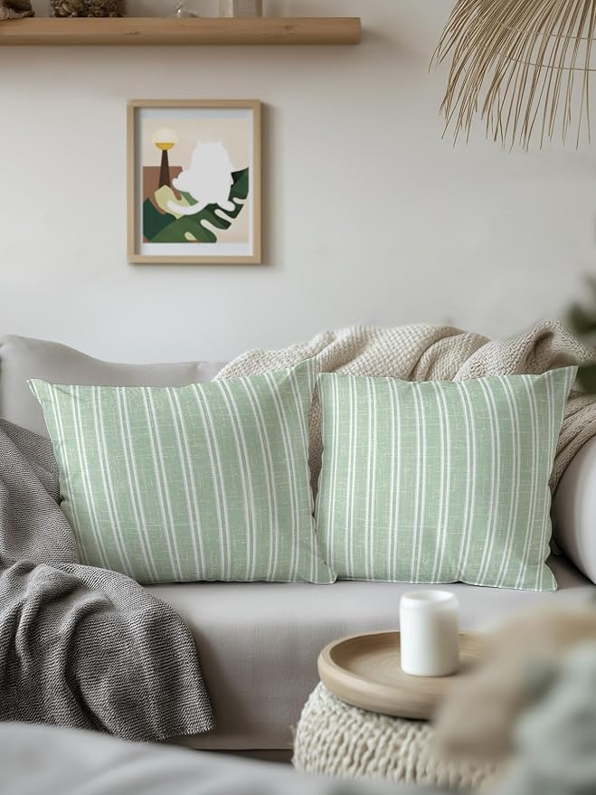 Waterproof Outdoor Pillow Set of 2 Green Linen Striped Decorative Throw Pillows Cover & Insert 18x18 Inch Pillowcase Vertical Stripes Lines Pillows for Couch Sofa Bed Patio Furniture Indoor Outdoor