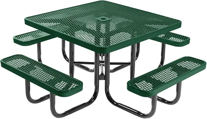 COATEDOUTDOORFURNITURE Heavy-Duty Portable Outdoor Picnic Table with Umbrella Hole, Expanded Metal Commercial-Grade Patio Dining Furniture Made in America (46" Square Top, Green)