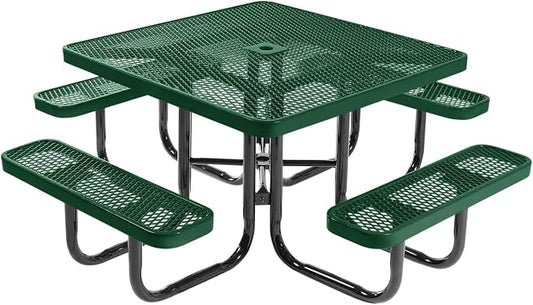 COATEDOUTDOORFURNITURE Heavy-Duty Portable Outdoor Picnic Table with Umbrella Hole, Expanded Metal Commercial-Grade Patio Dining Furniture Made in America (46" Square Top, Green)