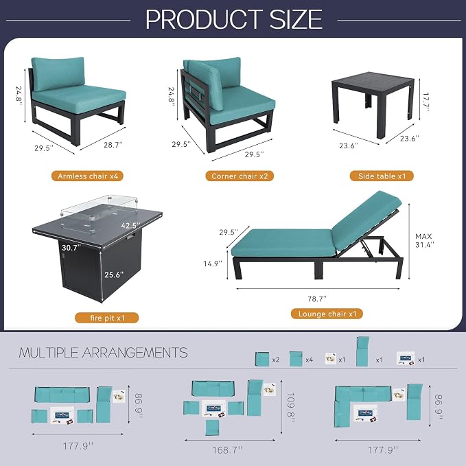 BULEXYARD 7 Seater Extra Large Modern Aluminum Outdoor Sofa with Lay Out Chair & Fire Pit Table, 500 lbs Durable Sectional Set for Heavy People, All Weather Comfy Patio Furniture Set for Garden, Teal