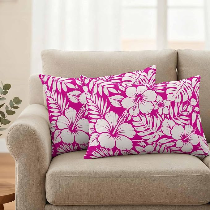 Pink Hibiscus Flowers Waterproof Outdoor Pillow Covers Set of 2 Home Decor, Tropical Monstera Leaves Lumbar Pillowcase Patio Pillow Covers for Couch Bench Patio Furniture Garden 20x12in