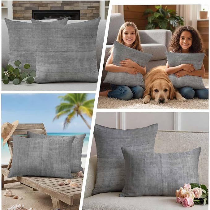 Vandarllin Outdoor Throw Pillows Covers 24x24 inch Set of 2 Waterproof Grey Linen Decorative Zippered Cushion Covers for Patio Furniture, Solid Color Texture Lumbar Pillowcases