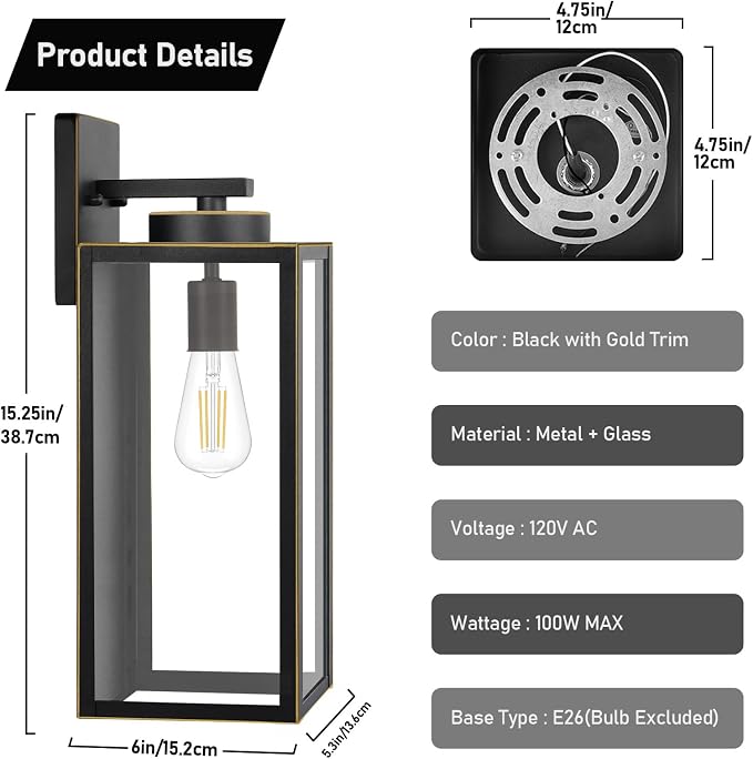 BesLowe 15’’ Large Outdoor Wall Lights, Porch Lights Black with Gold Trim | Waterproof Metal Construction, Rust-resistant, Quick & Easy Installation, Clear Glass Shades & Standard E26 Socket