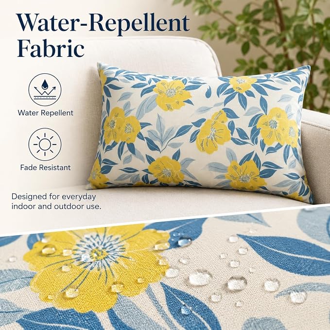 Outdoor Lumbar Pillows 12"x20" Waterproof Patio Pillows with Inserts | Set of 2 Fade Resistant Outdoor Waterproof Lumbar Pillow Decorative Garden Lumbar Cushions for Home Patio Terrace Sofa