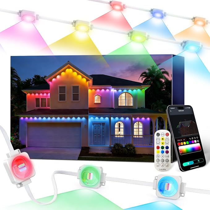 Super RGB Permanent Outdoor Lights 50FT, Smart RGB+IC Eave Lights with Remote APP Control, DIY LED Color Individual, White & Colorful Christmas String Light, IP67 Waterproof for House Outside Decor