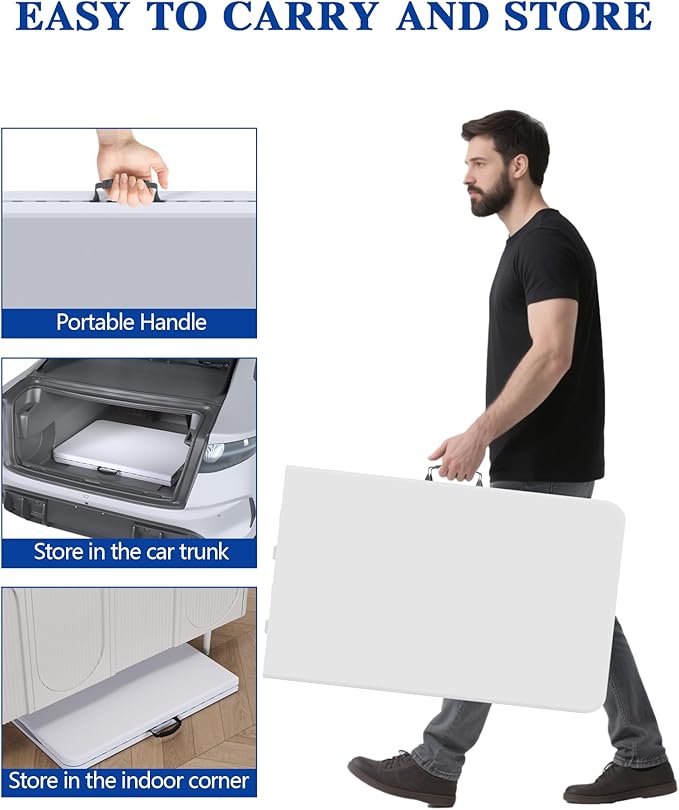 4FT White Folding Table for Outdoor, 4 Foot Picnic Tables No Assembly Required Portable, White Foldable Table for Camping, Parties, Meeting, Events, Wedding, BBQ, with Carrying Handle