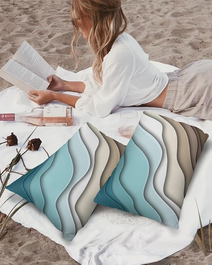 Outdoor Pillows 20x12 Waterproof Outdoor Pillow Covers Ombre Stripes Turquoise Brown Polyester Throw Pillow Covers Garden Cushion Decorative Case for Patio Couch Decoration Set of 2 Abstract Striped