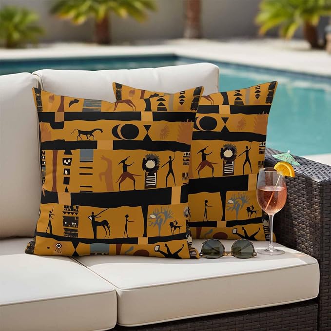 Yukro Ethnic African Outdoor Waterproof Pillow Covers Pack of 2, Abstract Exotic Ethnic Black African Decorative Throw Pillowcases Cushion Covers for Garden Patio Tent Sofa Couch, 26x26 inch