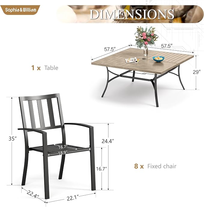Sophia & William Patio Table and Chairs Set, Outdoor Dining Set for 8, 9 Piece Metal Patio Furniture, 57.5" Square Table with Wood-Like Tabletop(Stripe)