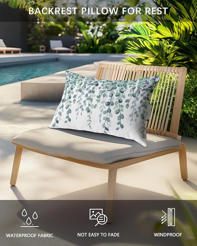 Outdoor Pillows Waterproof Covers Set of 2, Teal Green Eucalyptus Leaves Adjustable Elastic Chaise Lounge Headrest Pillow Covers, Watercolor Branches Lumbar Pillow for Beach Patio Furniture 20x12 Inch