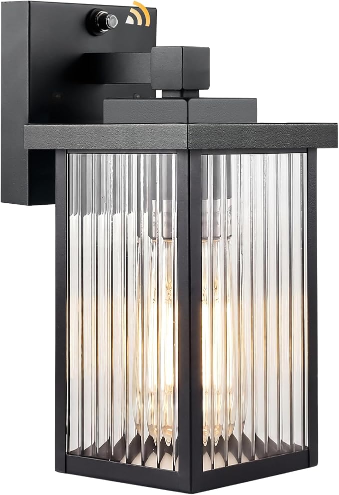 Black Dusk to Dawn Wall Mount Porch Lights, Exterior Light Fixtures | Auto On and Off, Anti-Rust Metal Frame, Tempered Glass, E26 Socket, Easy DIY Install on Porch, Garage