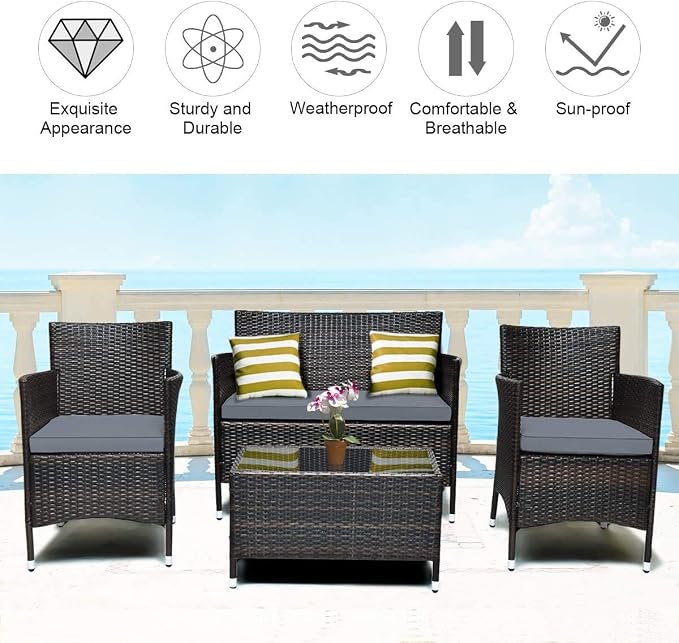 HAPPYGRILL 4 Pieces Patio Sofa Set Rattan Wicker Furniture Patio Conversation Set with Cushioned Sofa and Coffee Table for Outdoor Backyard Garden Poolside