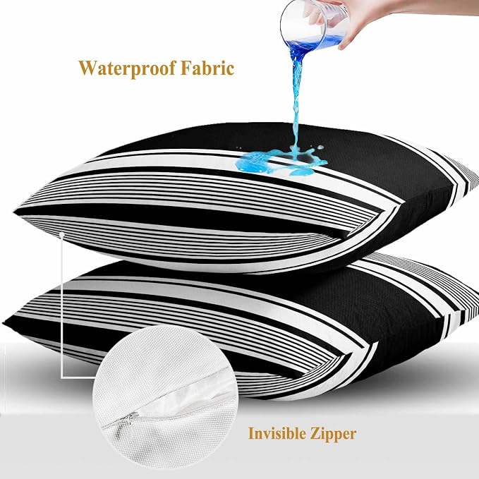 Vandarllin Outdoor Throw Pillows Covers 20x20 inch Set of 2 Waterproof Black Stripes Decorative Zippered Cushion Covers for Patio Furniture, Striped Lines Lumbar Pillowcases
