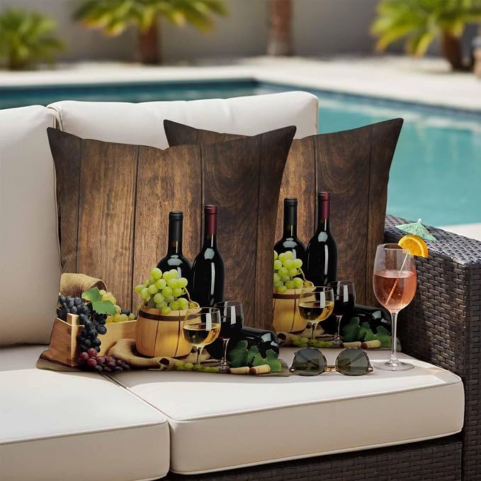 Outdoor Pillow Covers 24 x 24 Inches, Red Wines Waterproof Throw Pillow Cover Set of 2, Champagne Grapes Galsses Country Wooden Plank Decorative Square Cushion Covers for Patio/Couch/Garden