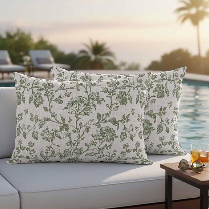 Pastoral Flowers Outdoor Pillow Covers 20"x12" Set of 2, Green Flower Vintage Linen Texture Waterproof Throw Pillow Covers for Patio Furniture, Decorative Cushion Covers for Porch