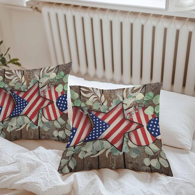 4th of July Waterproof Outdoor Pillow Covers Set of 2 Home Decor, Vintage Eucalyptus Leaf Stars Stripes Flag Pillowcase Patio Pillow Covers for Couch Bench Furniture Garden 26x26in