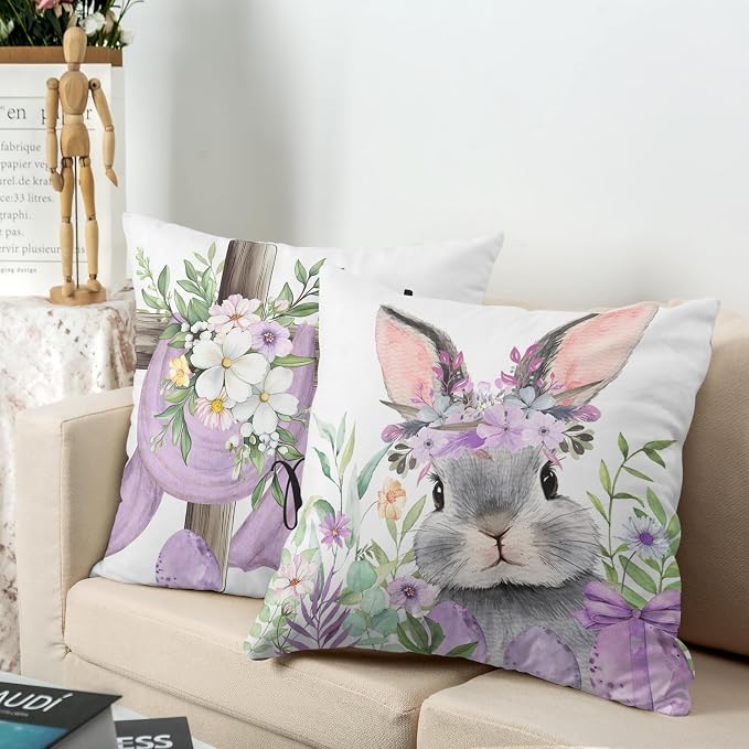 2 Pack Easter Throw Pillow Covers Floral Cross He is Risen Pillow Covers 18x18 Bunny Pillow Cases Purple Eggs Lovely Rabbits Cushion Cases for Home Farmhouse Spring Decor