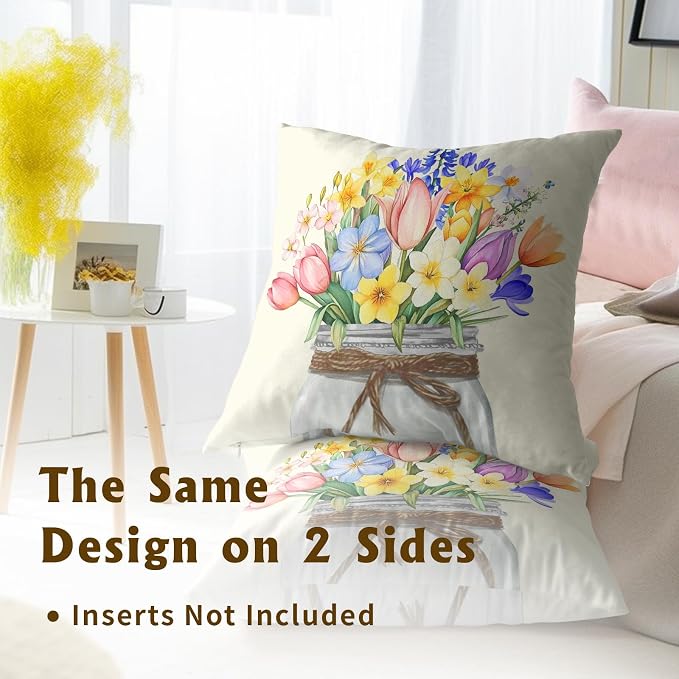 Easter Spring Flowers Pillow Covers 20x20 Inch, Set of 2 Colorful Tulips Lavender Floral Mason Jar Throw Pillowcases with Zipper Square Cushion Cover for Couch Sofa Bed Home Decor