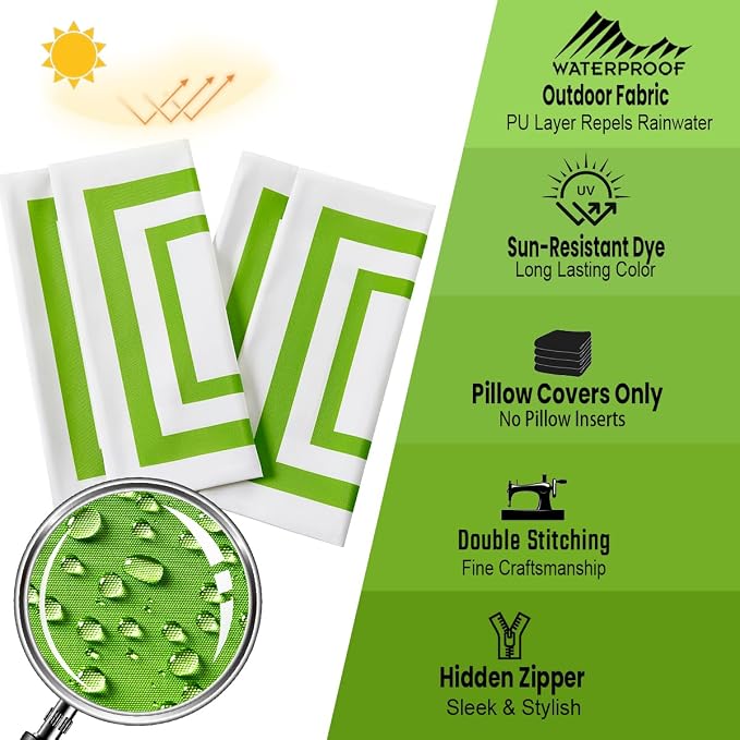 JOJOGOGO 12x20 Apple Green Frame Outdoor Lumbar Pillow Covers Waterproof & Sunproof Set of 2, White and Green Outdoor Decorative Lumbar Pillows for Patio Furniture and Porch Decor(Without Inserts)