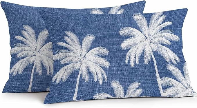 Lumbar Pillow Covers 20x12 Inch Set of 2, Navy Blue Palm Trees Waterproof Outdoor Pillow Covers, Farmhouse Tropical Summer Beach Decorative Cushion Pillowcases for Couch, Sofa, Bed, Garden, Patio