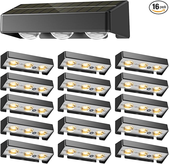 Solar Fence Lights,16 Pack Solars Deck Light,RGB Color,Outdoor Bulb Waterproof Led IP65,Outdoor Fence Light,Power Patio Lamp with Lenses for Outside/Backyard/Railing/Yard(Black)
