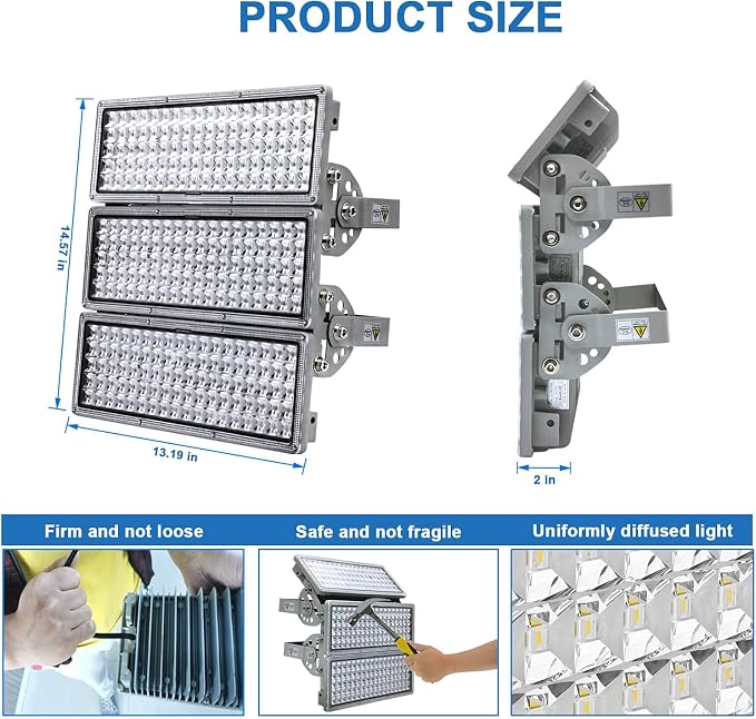 Kekeou 300W LED Stadium Light, 42000LM 100W 3-Pack Sports Field Lighting | 6500K. Flicker-free, IP67 waterproof, 10KV surge. rugged build. 180° adjustable, easy install for docks parking lot