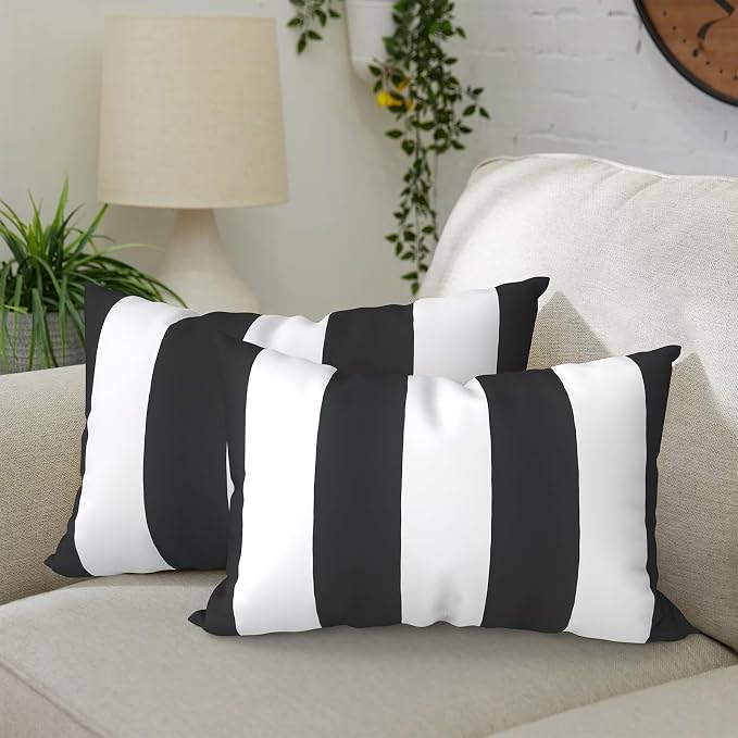 DYTXIII Pack of 2 Waterproof Outdoor Lumbar Pillow with Inserts, 12x20 in Rectangle Decorative Patio Throw Pillow for Home, Sofa,Bench and Patio Furniture, Cabana Black