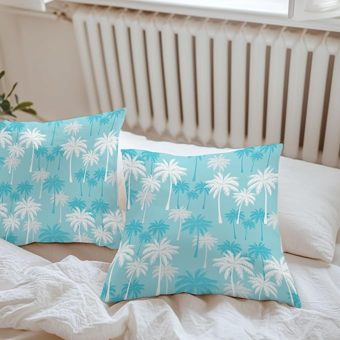 Throw Pillow Covers 16x16 Inch Set of 2, Tropical Palm Tree Waterproof Outdoor Pillow Covers, Blue Cyan Plants Coastal Leaf Beach Decorative Cushion Pillowcases for Couch, Sofa, Bed, Garden, Patio