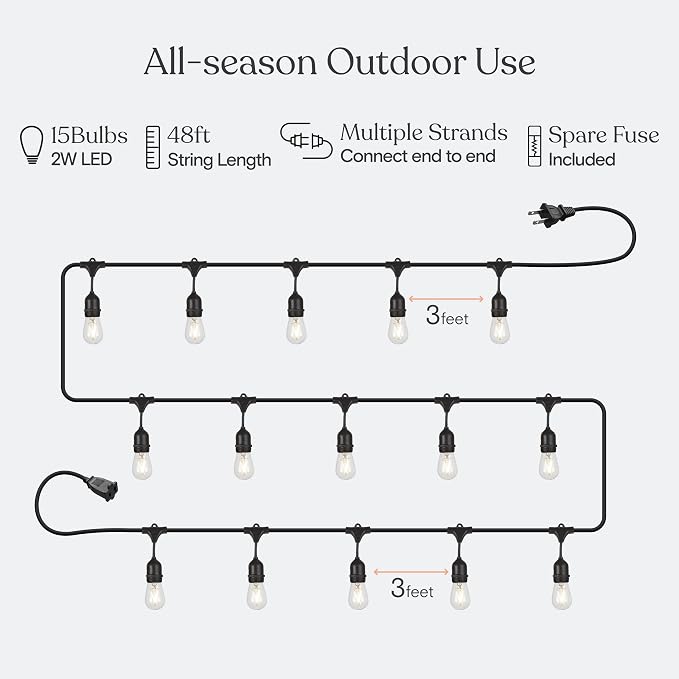 Brightech Ambience Pro LED String Lights, Commercial Grade 48 ft | Plug-in Outdoor String Lights, Waterproof Patio Lights, 15 Shatterproof LED Edison Bulbs for Backyard, 2W Soft White